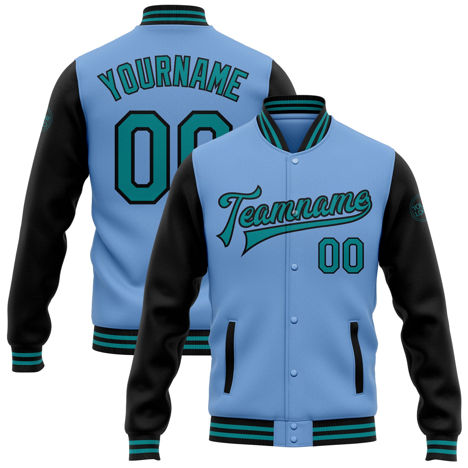 Customizable Varsity Letterman Jacket with Team Name, Number - Light Blue and Teal-Black Two Tone Bomber Full-Snap Style