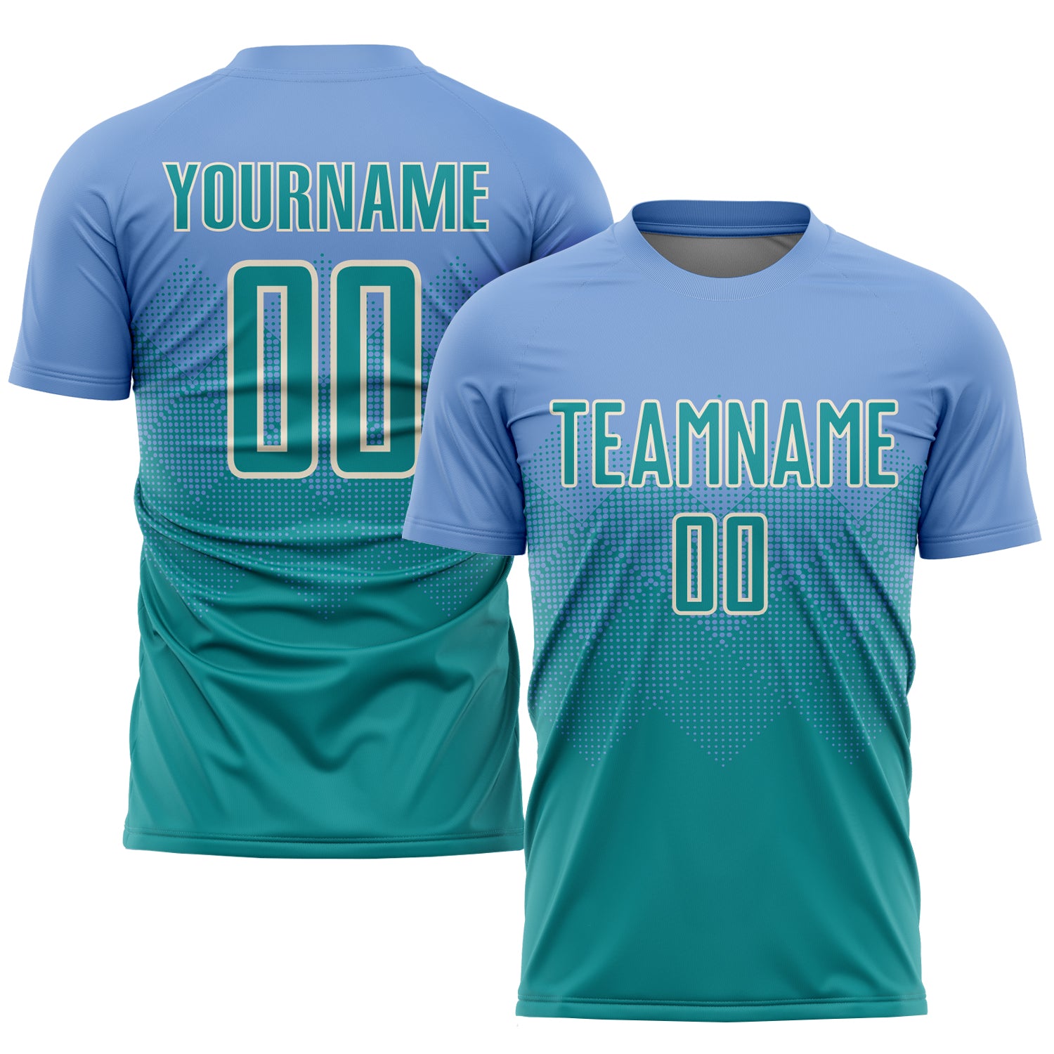 Custom Name and Number Soccer Jersey - Personalized Light Blue Teal-Cream Sublimation Uniform Personalized Light Blue Teal-Cream