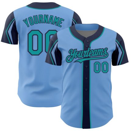 Custom Baseball Jersey - Authentic Light Blue Teal Navy Colors, Personalized Name & Number, Arm Shapes Personalized Light