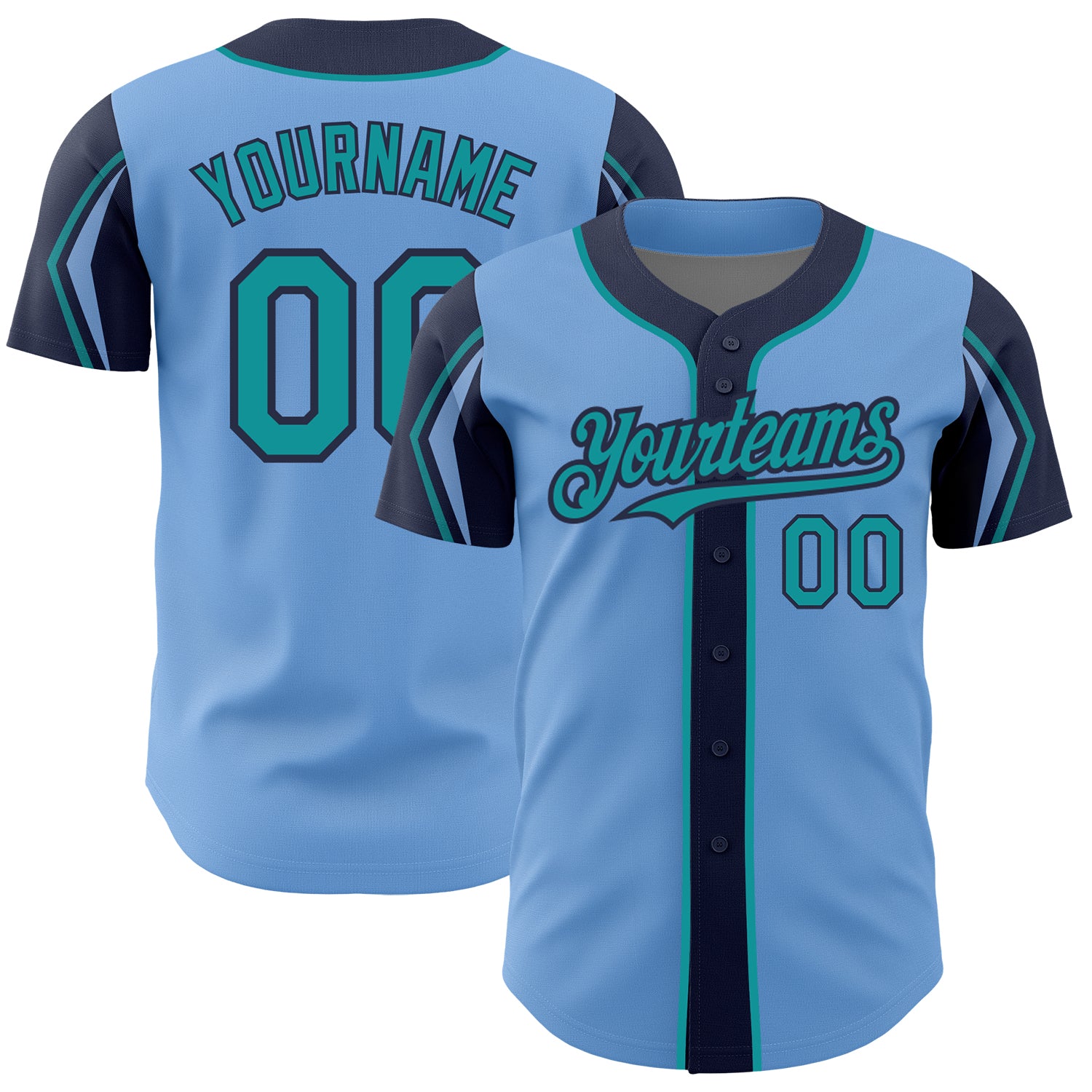 Custom Baseball Jersey - Authentic Light Blue Teal Navy Colors, Personalized Name & Number, Arm Shapes Personalized Light
