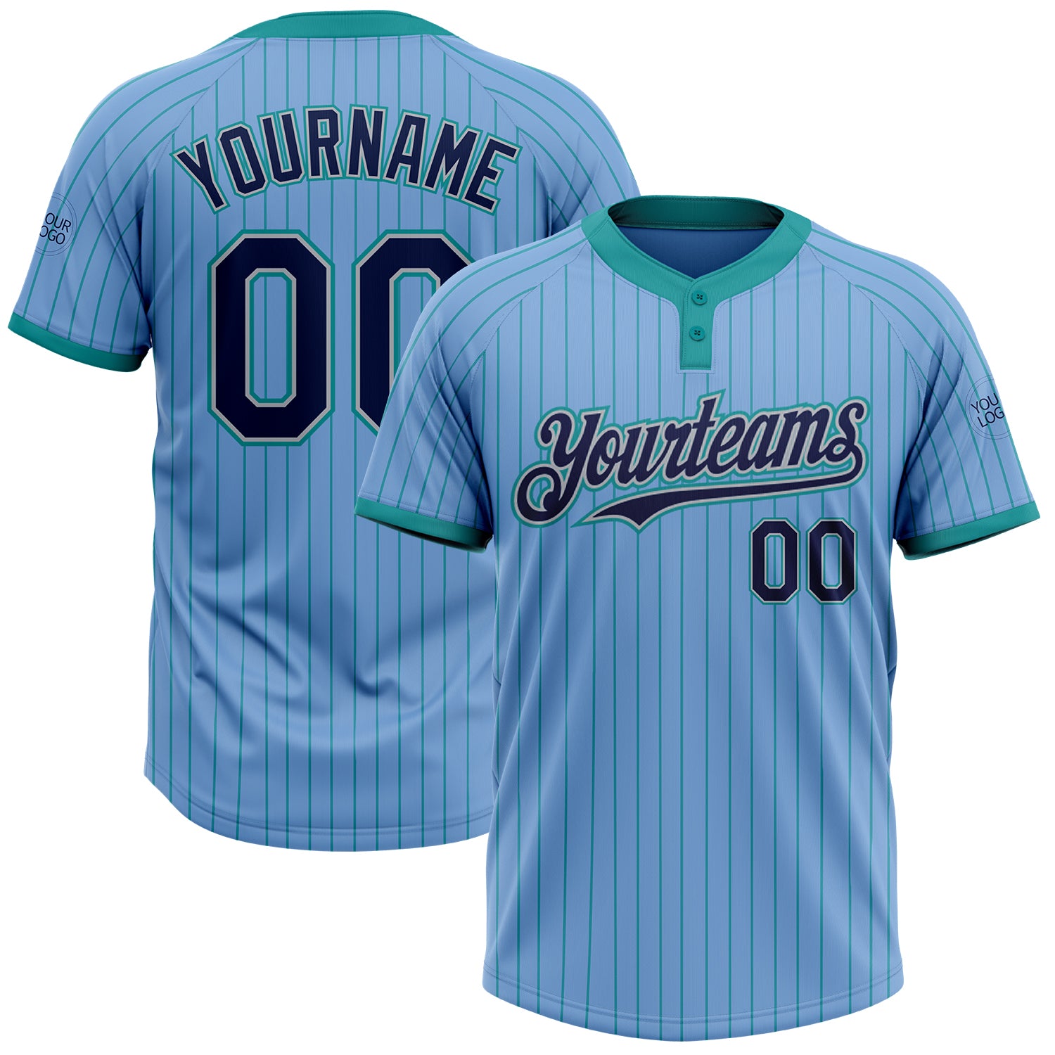 Personalized Custom Name and Number Softball Jersey Light Blue Teal Pinstripe Two-Button Unisex Navy-Gray Personalized Light
