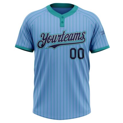 Personalized Custom Name and Number Softball Jersey Light Blue Teal Pinstripe Two-Button Unisex Navy-Gray Personalized Light