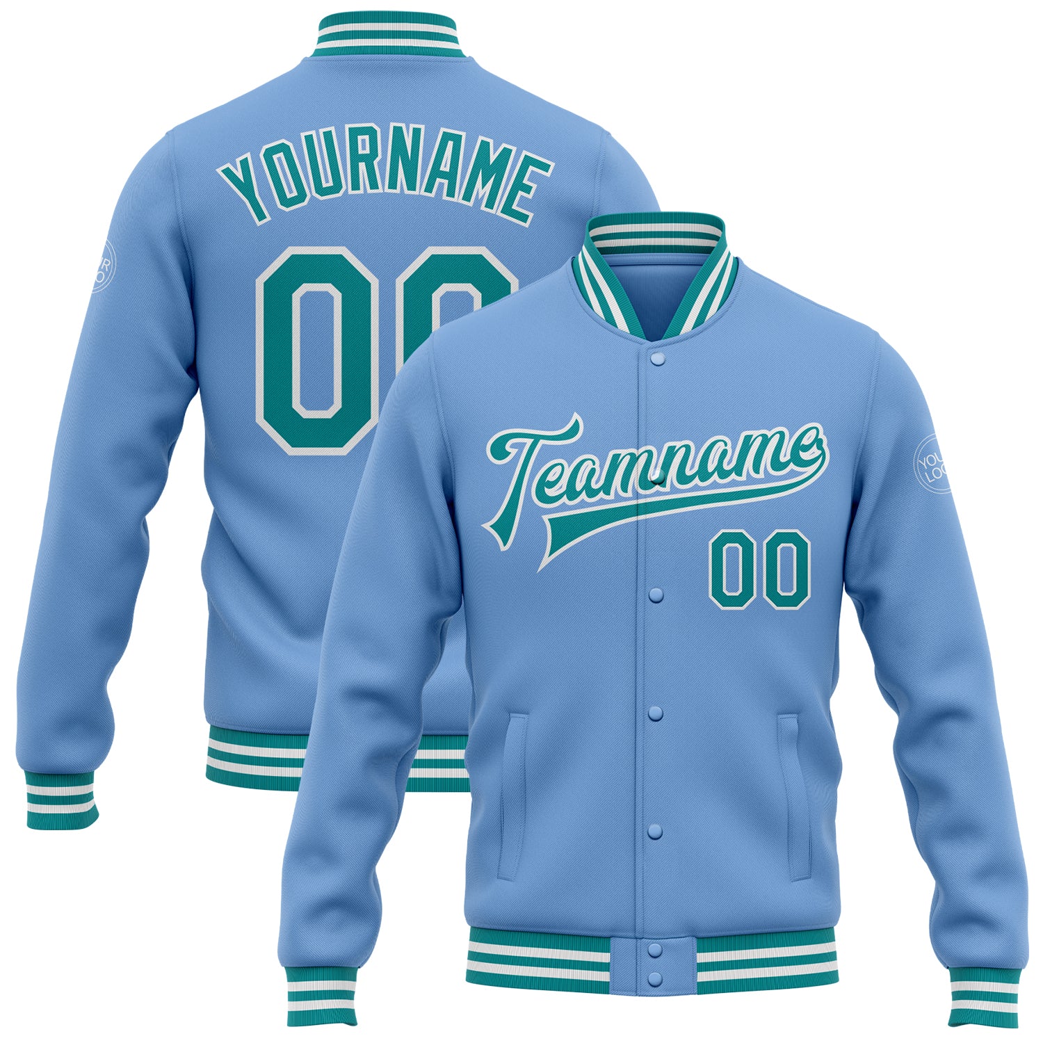 Custom Team Name and Number Light Blue Teal White Varsity Bomber Full-Snap Jacket Personalized Light Blue Teal-White Bomber