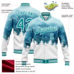 Custom Watercolor Winter Landscape Bomber Jacket with Snowy Trees, Light Blue Teal-White 3D Pattern, Personalize Name & Number