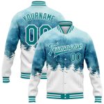 Custom Watercolor Winter Landscape Bomber Jacket with Snowy Trees, Light Blue Teal-White 3D Pattern, Personalize Name & Number