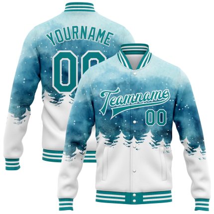 Custom Watercolor Winter Landscape Bomber Jacket with Snowy Trees, Light Blue Teal-White 3D Pattern, Personalize Name & Number