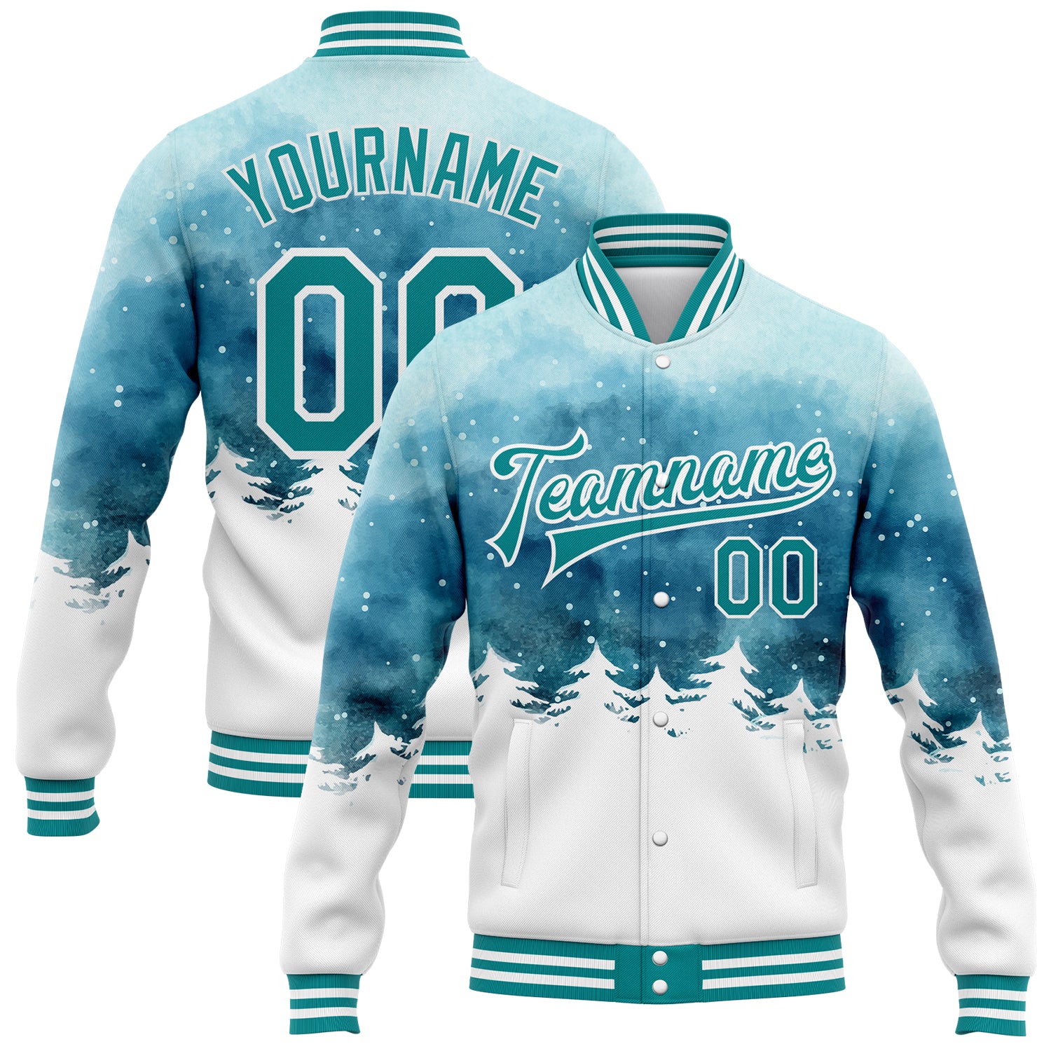 Custom Watercolor Winter Landscape Bomber Jacket with Snowy Trees, Light Blue Teal-White 3D Pattern, Personalize Name & Number