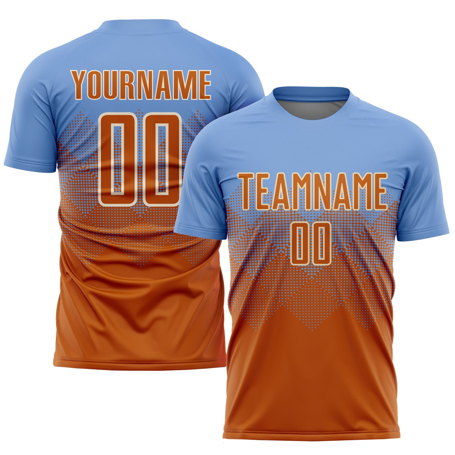 Custom Name and Number Light Blue Texas Orange-Cream Soccer Jersey Uniform - Personalized Sublimation Team Apparel Personalized