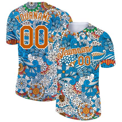 Custom Name Number Floral Design Performance T-Shirt - Light Blue Texas Orange-White 3D Pattern Personalized Light Blue Texas