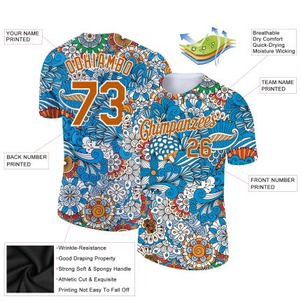 Custom Name Number Floral Design Performance T-Shirt - Light Blue Texas Orange-White 3D Pattern Personalized Light Blue Texas