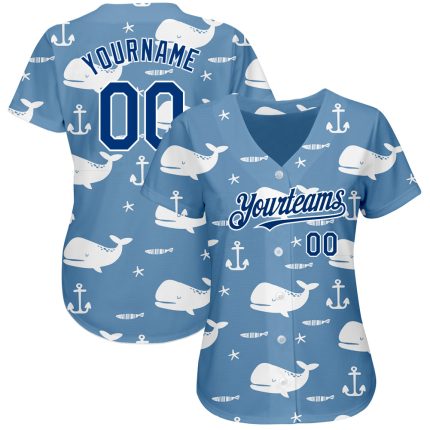 Personalized Custom Name and Number Whale 3D Pattern Baseball Jersey - Light Blue US Navy Blue-White Design Personalized