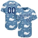 Personalized Custom Name and Number Whale 3D Pattern Baseball Jersey - Light Blue US Navy Blue-White Design Personalized