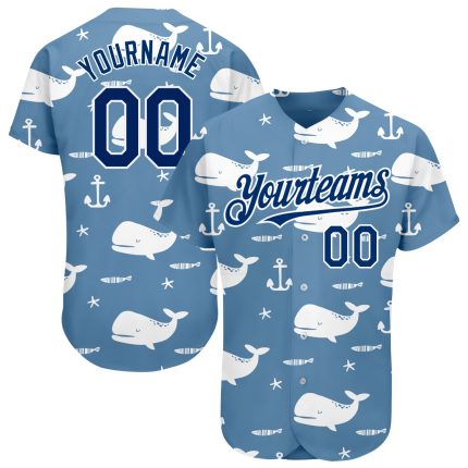 Personalized Custom Name and Number Whale 3D Pattern Baseball Jersey - Light Blue US Navy Blue-White Design Personalized