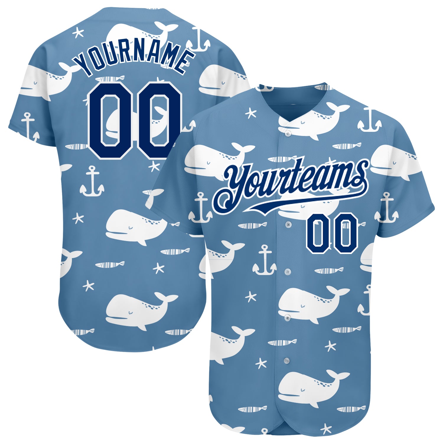 Personalized Custom Name and Number Whale 3D Pattern Baseball Jersey - Light Blue US Navy Blue-White Design Personalized