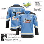 Custom Vintage USA Flag Hockey Jersey with Personalized Name & Number - Light Blue Black-Cream Lace Neck Personalized Light