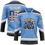 Custom Vintage USA Flag Hockey Jersey with Personalized Name & Number - Light Blue Black-Cream Lace Neck Personalized Light