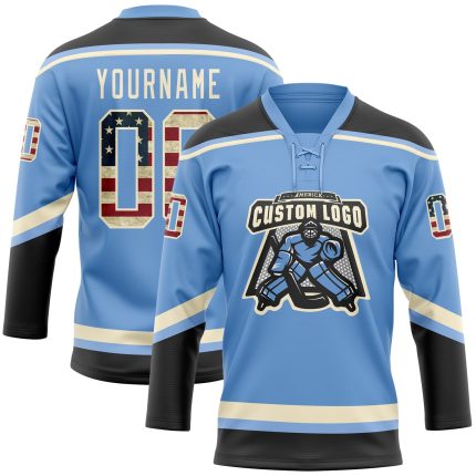 Custom Vintage USA Flag Hockey Jersey with Personalized Name & Number - Light Blue Black-Cream Lace Neck Personalized Light
