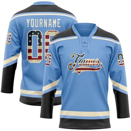 Custom Vintage USA Flag Hockey Jersey with Personalized Name & Number - Light Blue Black-Cream Lace Neck Personalized Light
