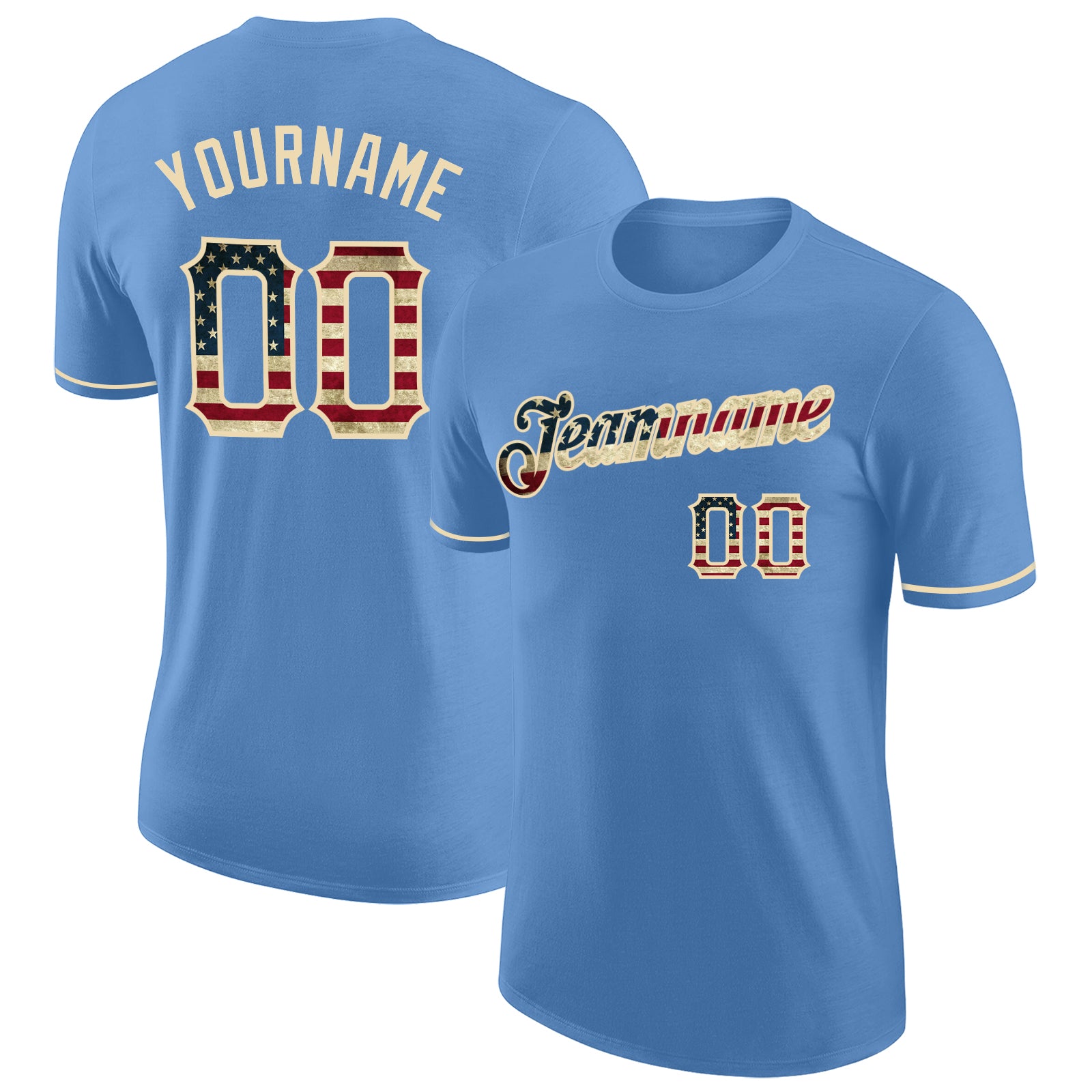 Custom Name and Number Light Blue Vintage USA Flag T-Shirt for Teams - Cream Performance Shirt Personalized Light Blue Vintage