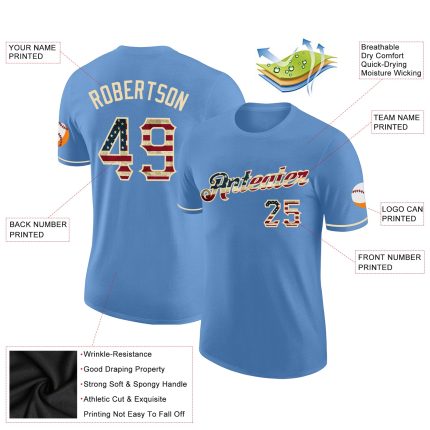 Custom Name and Number Light Blue Vintage USA Flag T-Shirt for Teams - Cream Performance Shirt Personalized Light Blue Vintage