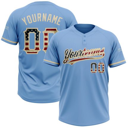 Custom Name and Number Vintage Light Blue USA Flag Softball Jersey Unisex Two-Button Team Apparel Personalized Light Blue