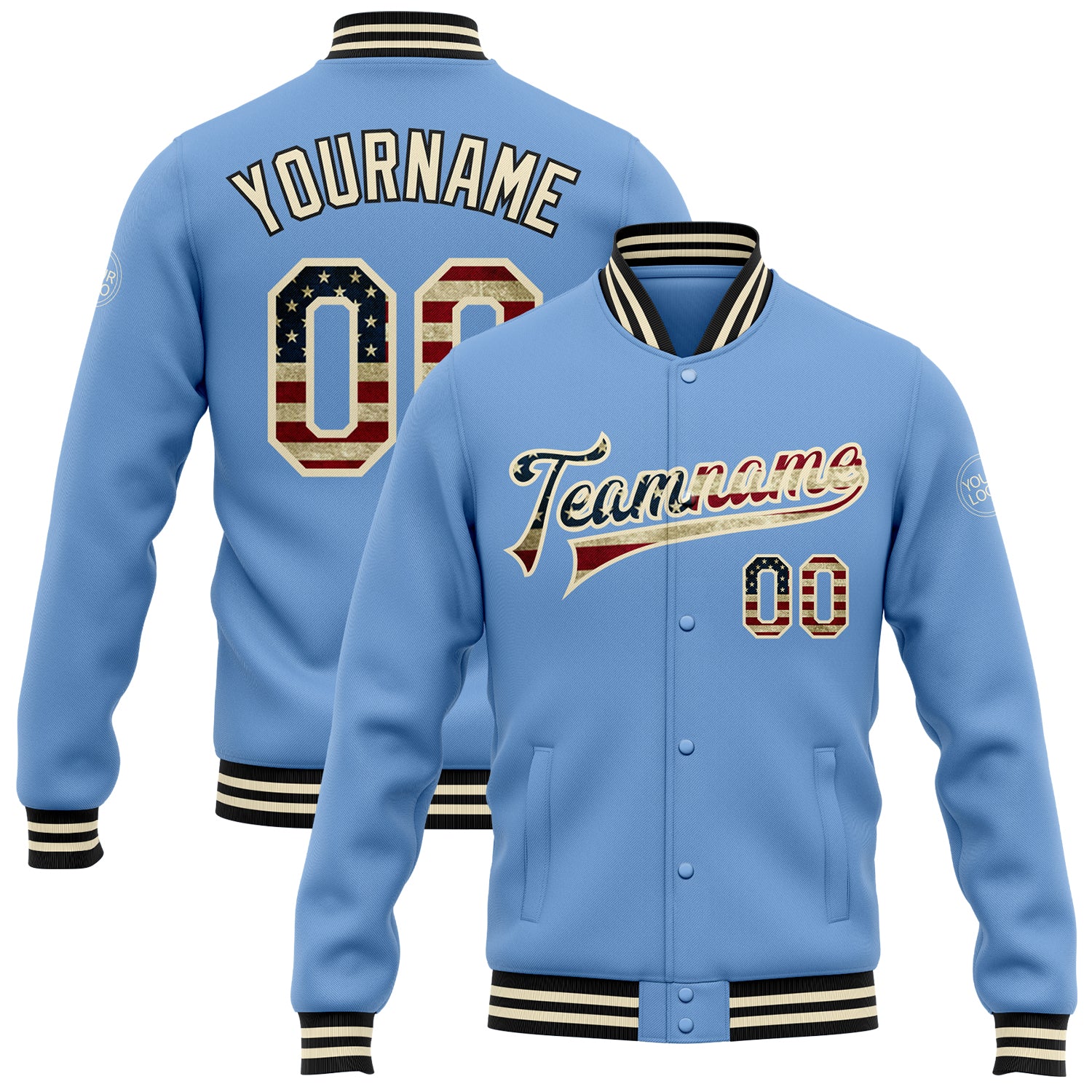 Custom Name Number Vintage USA Flag Bomber Jacket Light Blue Cream Black Varsity Full-Snap Letterman Personalized Light Blue