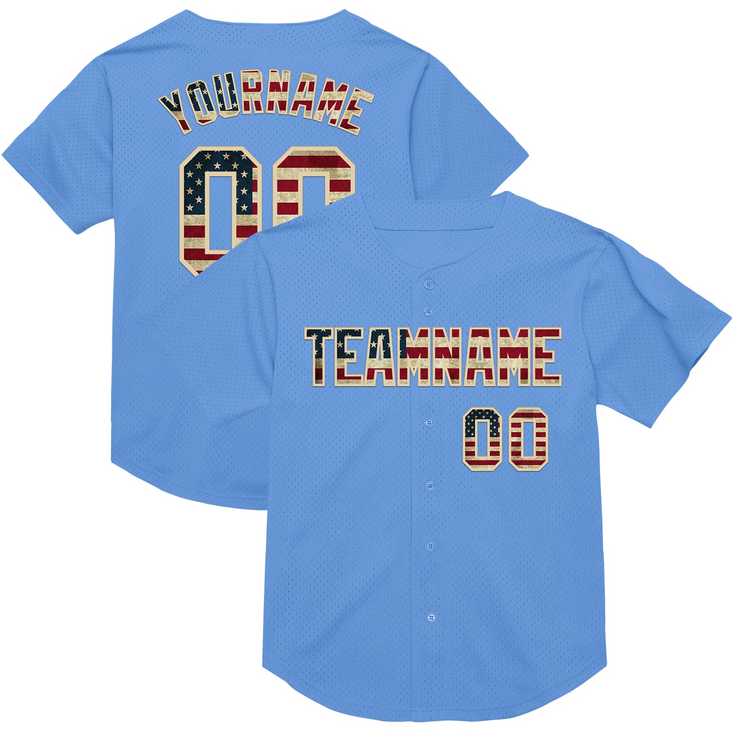 Custom Name and Number Vintage USA Flag Baseball Jersey - Light Blue Cream Mesh Authentic Throwback Personalized Light Blue