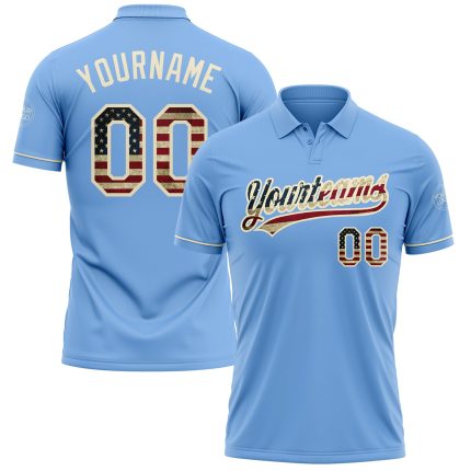 Personalized Vintage USA Flag Golf Polo Shirt - Light Blue Cream Performance with Custom Name and Number Personalized Light