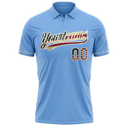Personalized Vintage USA Flag Golf Polo Shirt - Light Blue Cream Performance with Custom Name and Number Personalized Light
