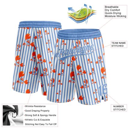 Custom Name and Number 3D Pattern Crab Basketball Shorts Light Blue White Argentina Authentic Personalized Light Blue White
