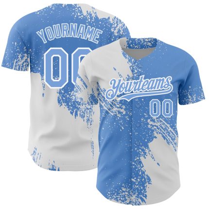 Custom Name and Number Authentic Baseball Jersey in Light Blue 3D Abstract Brush Stroke Design Personalized Light Blue White
