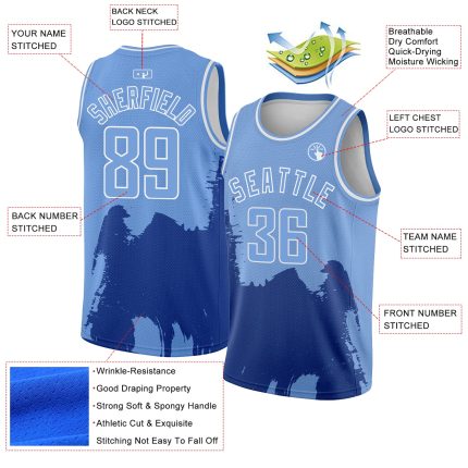 Custom Basketball Jersey with Personalized Name and Number, Light Blue White 3D Abstract Grunge Halftone Design Personalized