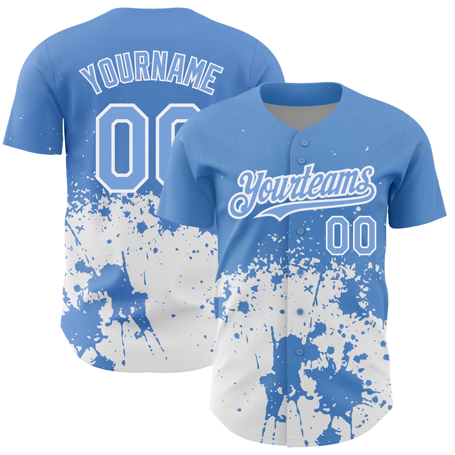 Custom Abstract 3D Splash Baseball Jersey with Personalized Name & Number - Light Blue & White Grunge Design Personalized