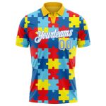 Autism Awareness 3D Puzzle Pieces Performance Golf Polo Shirt with Custom Name and Number in Light Blue and White Personalized