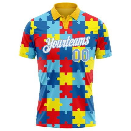 Autism Awareness 3D Puzzle Pieces Performance Golf Polo Shirt with Custom Name and Number in Light Blue and White Personalized
