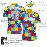 Autism Awareness 3D Puzzle Pieces Performance Golf Polo Shirt with Custom Name and Number in Light Blue and White Personalized