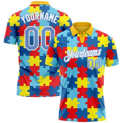 Autism Awareness 3D Puzzle Pieces Performance Golf Polo Shirt with Custom Name and Number in Light Blue and White Personalized