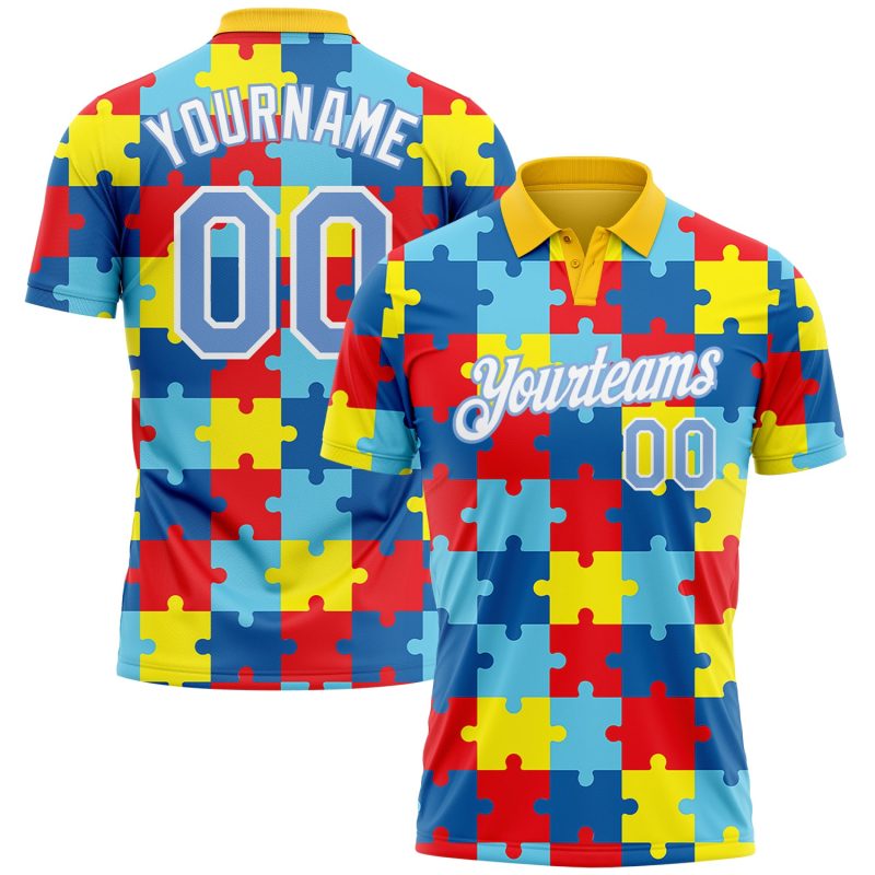 Autism Awareness 3D Puzzle Pieces Performance Golf Polo Shirt with Custom Name and Number in Light Blue and White Personalized