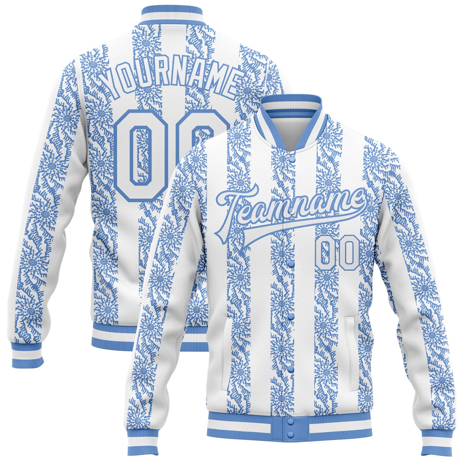 Custom Name and Number Varsity Bomber Jacket Light Blue White 3D Pattern Full-Snap Design Personalized Light Blue-White 3D