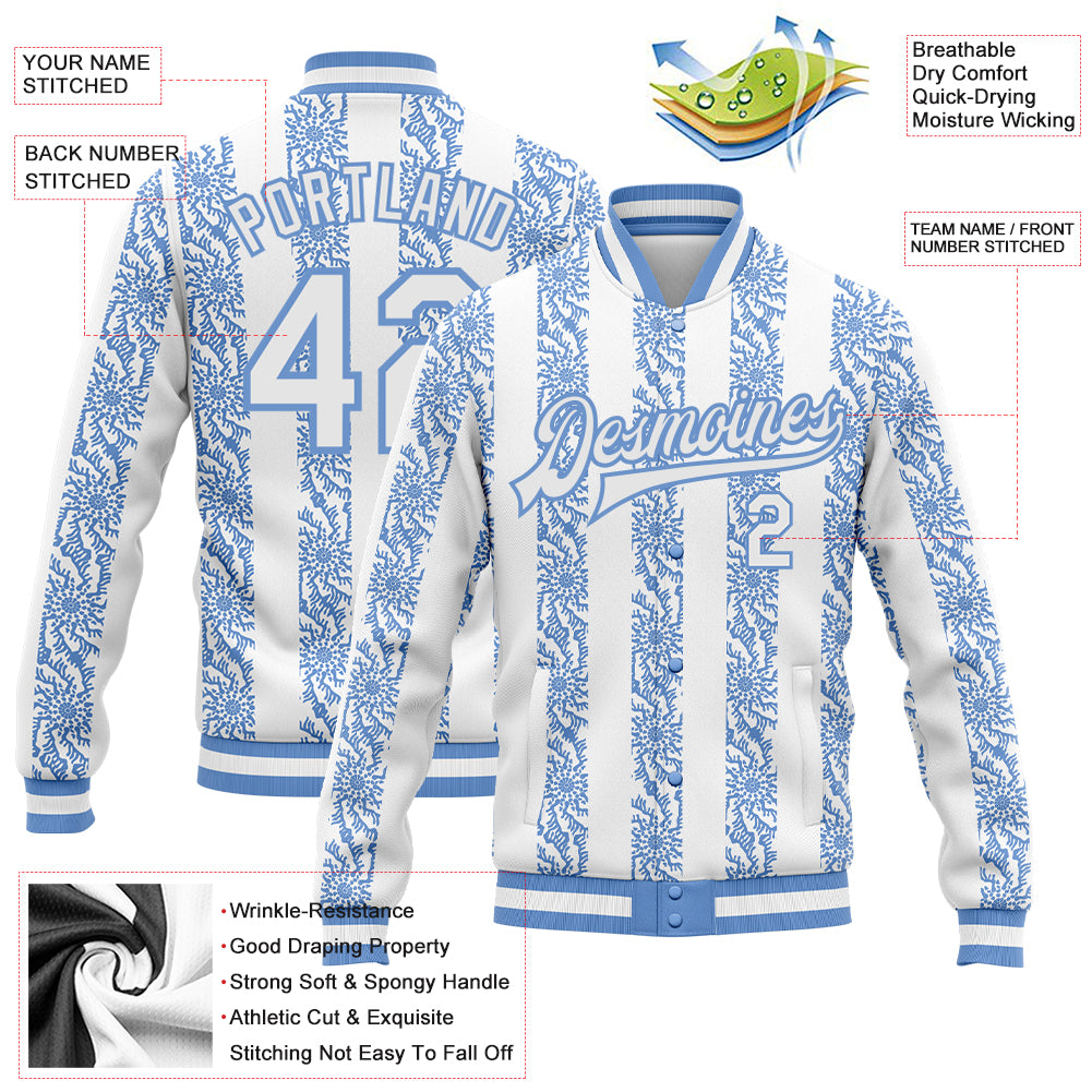 Personalized Light Blue-White 3D Pattern Design Bomber Full-Snap Varsity Letterman Jacket Team Custom Name and Number Custom Name and Number Varsity Bomber Jacket Light Blue White 3D Pattern Full-Snap Design Personalized Light Blue-White 3D - Image 3