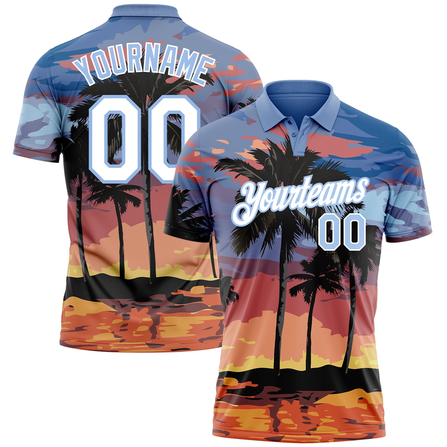 Custom Name and Number Light Blue Hawaii Palm Trees Golf Polo Shirt with 3D Pattern Design - Performance Apparel Personalized