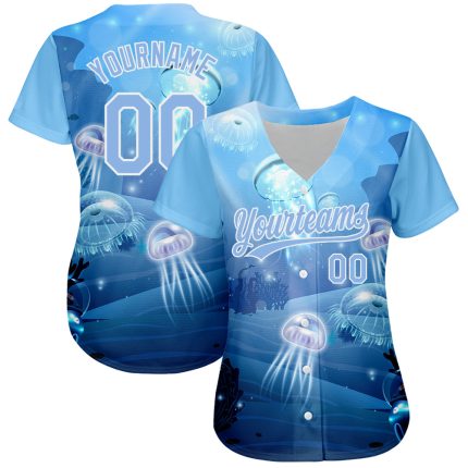 Custom 3D Jellyfish Underwater Baseball Jersey - Light Blue & White Authentic Design with Name and Number Personalized Light