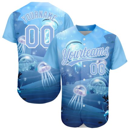 Custom 3D Jellyfish Underwater Baseball Jersey - Light Blue & White Authentic Design with Name and Number Personalized Light