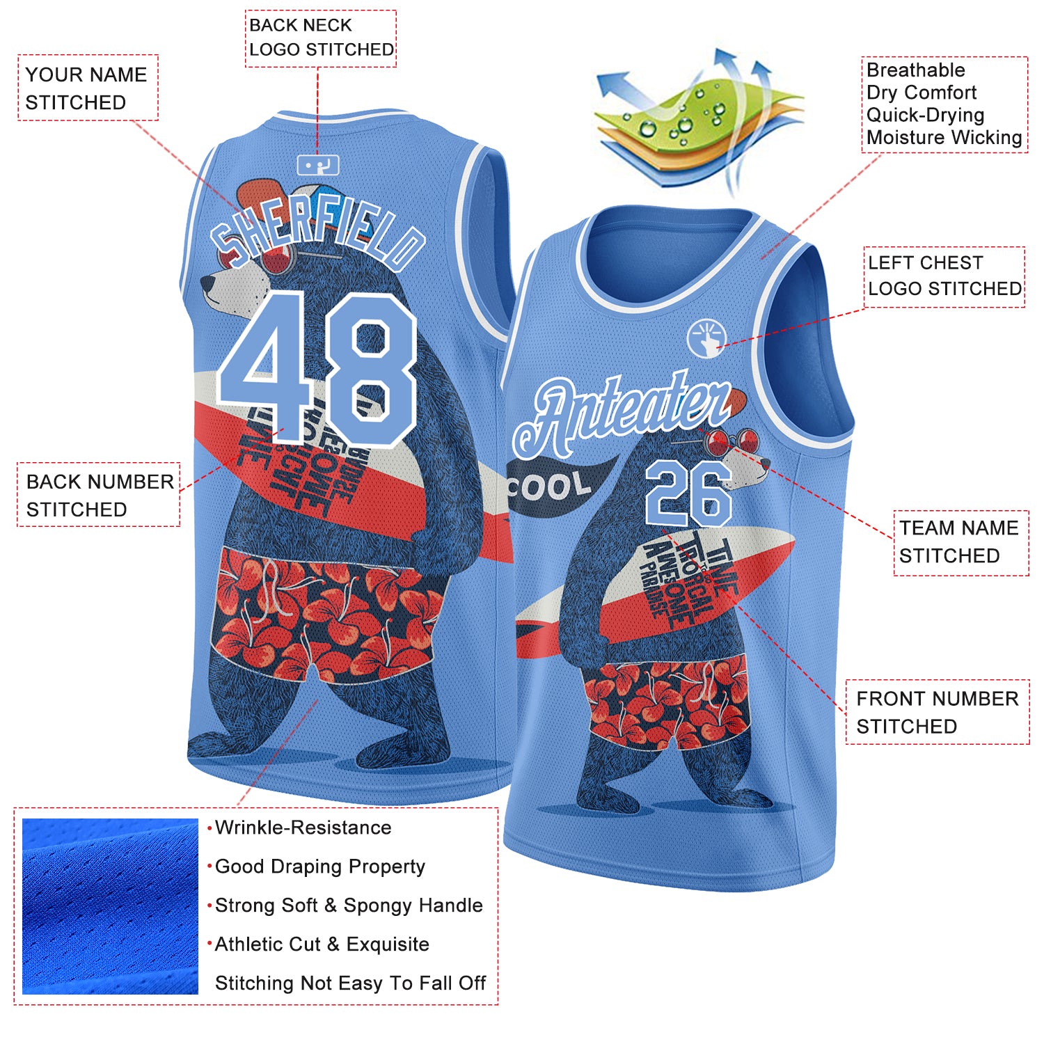 Personalized Light Blue White 3D Pattern Go Surfing Authentic Basketball Jersey Team Custom Name and Number Custom Basketball Jersey - Personalized Light Blue White 3D Go Surfing Design with Name and Number - Authentic Team Gear - Image 2