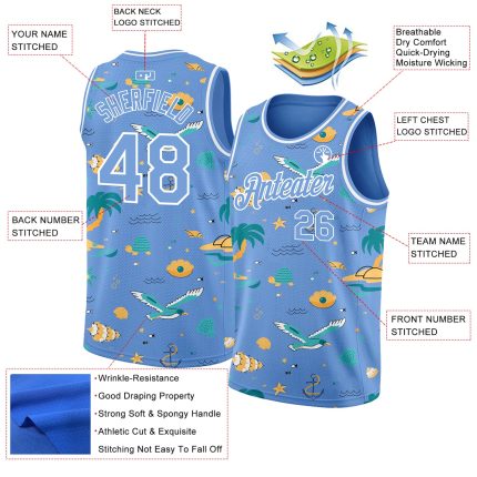 Custom Personalized Basketball Jersey with 3D Pattern Hawaii Beach Palm Trees Light Blue & White - Team Name and Number Personalized