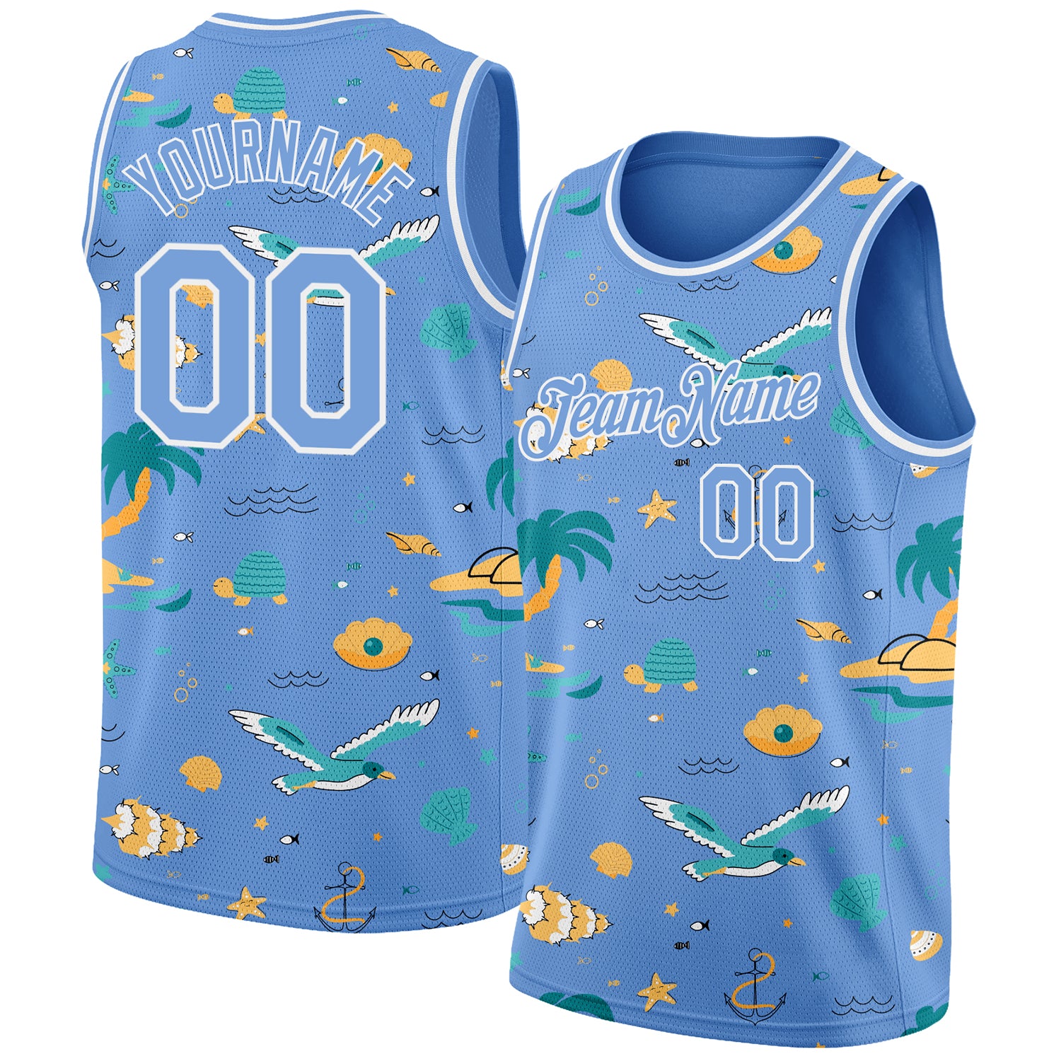 Custom Personalized Basketball Jersey with 3D Pattern Hawaii Beach Palm Trees Light Blue & White - Team Name and Number Personalized