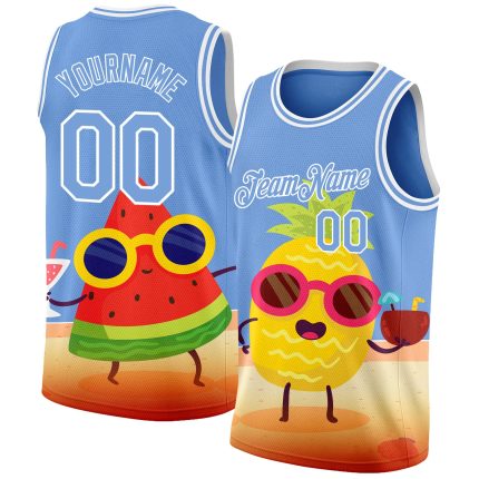 Custom Name Number Authentic Basketball Jersey Light Blue White 3D Pattern Summer Beach Holiday Personalized Light Blue White
