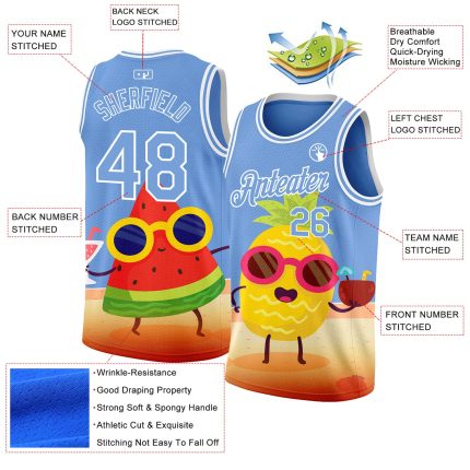 Custom Name Number Authentic Basketball Jersey Light Blue White 3D Pattern Summer Beach Holiday Personalized Light Blue White