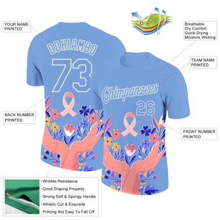 Personalized Breast Cancer T-Shirt with Custom Name & Number, Light Blue & White 3D Pink Ribbon Performance Shirt Personalized
