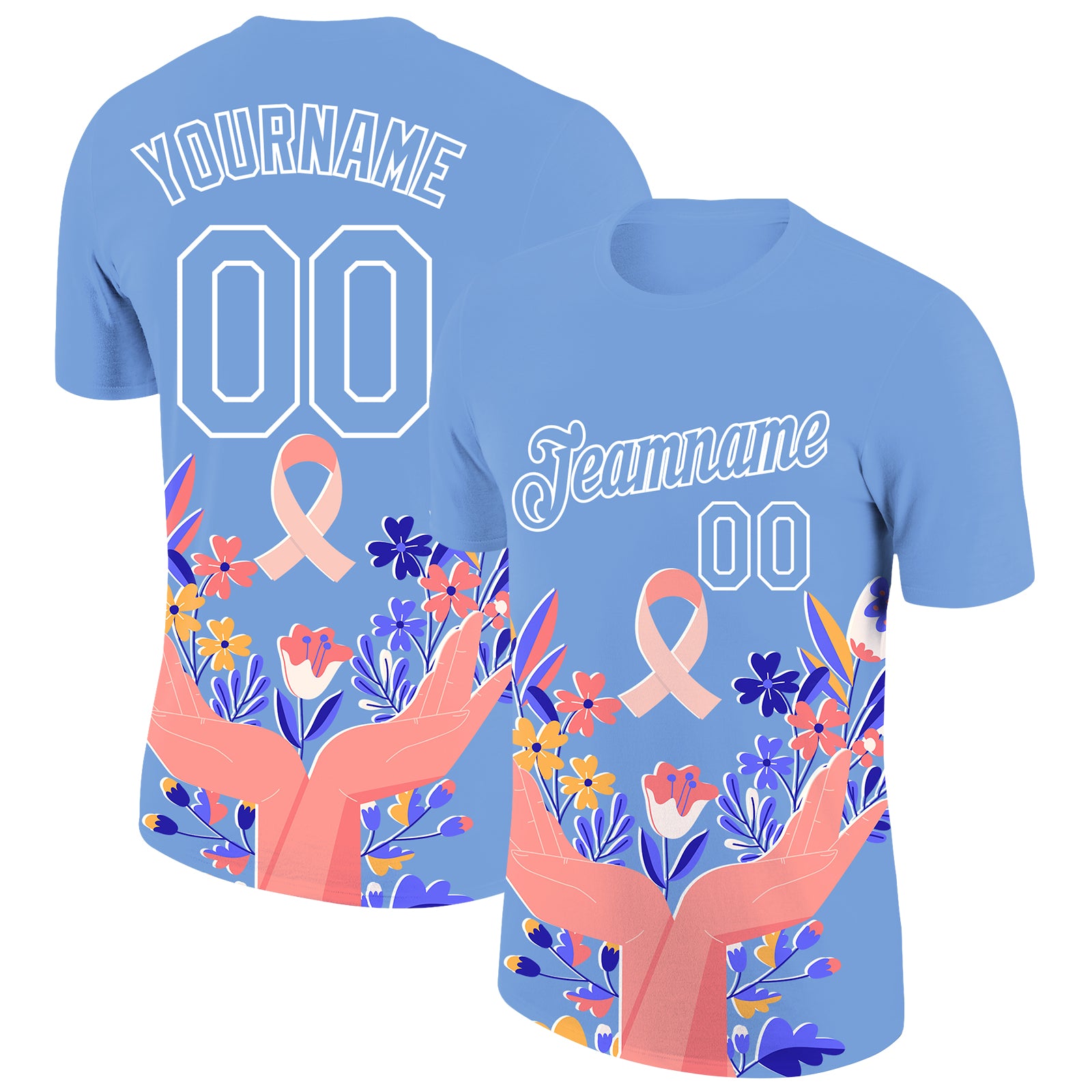 Personalized Breast Cancer T-Shirt with Custom Name & Number, Light Blue & White 3D Pink Ribbon Performance Shirt Personalized